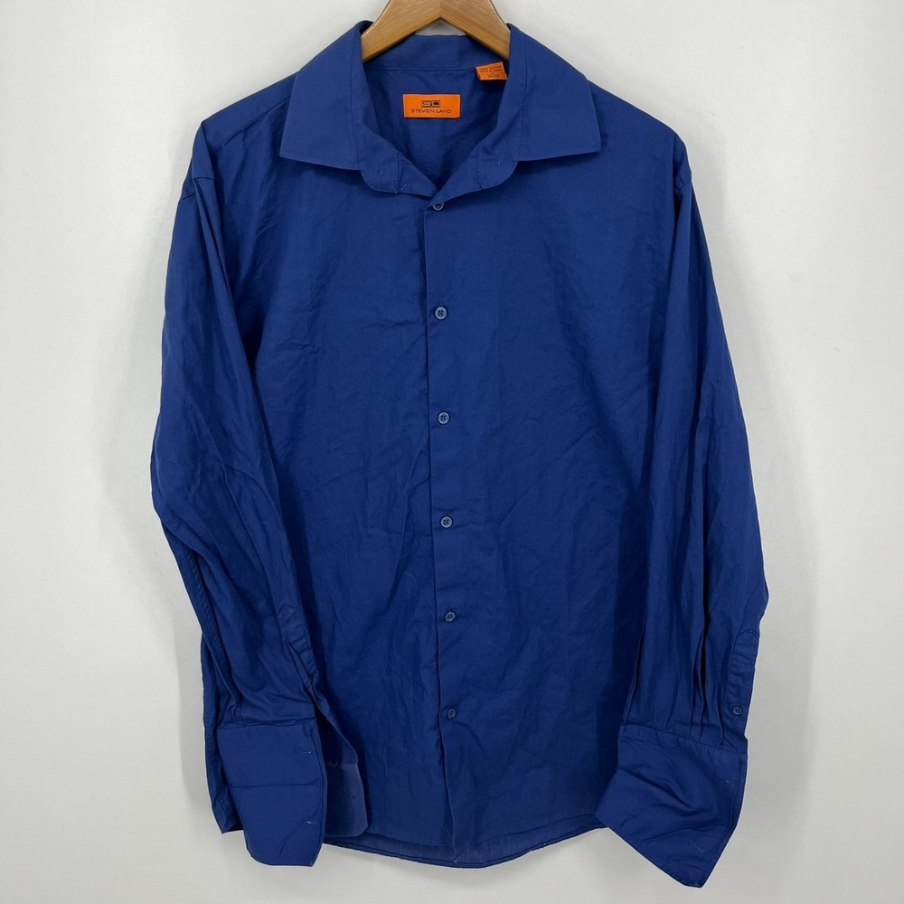 Steven Land Long Sleeve Button Shirt Men's Size 17 Blue Solid 100% Cotton Collar